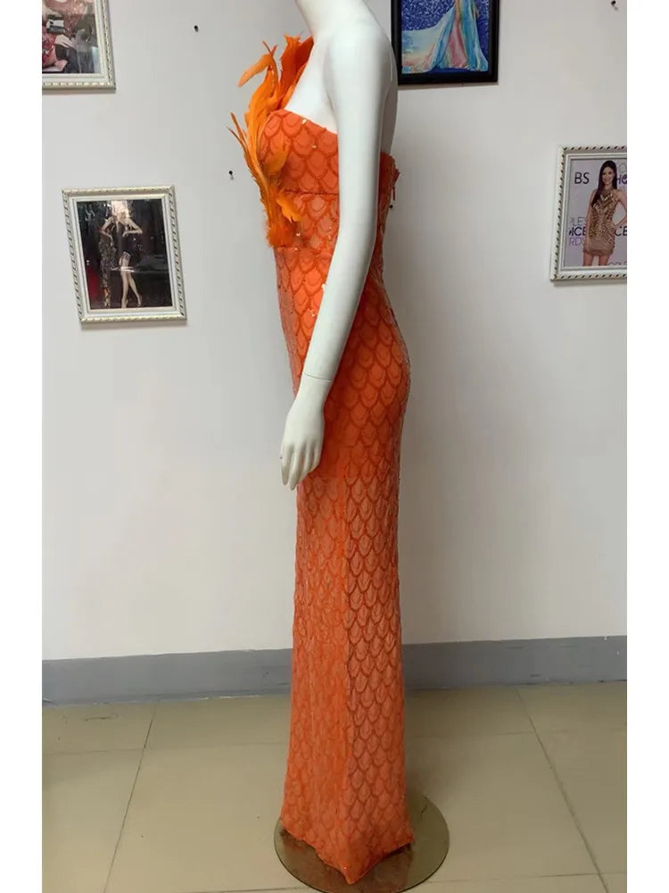 Babs Luxury Prom Gowns Women Orange Strapless Feathers Sequined Scale Two-Piece See-Through Celebrity Evening Party Dress Going Out