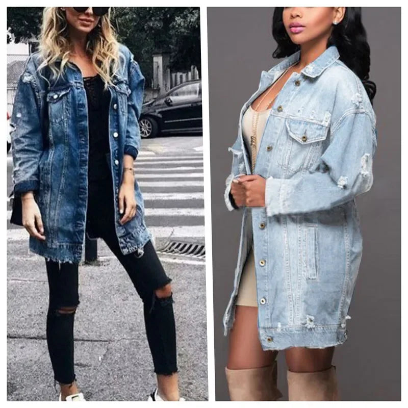 Maxy Europe and the United States new style women's street trend jacket long style jeans trench coat denim jacket women