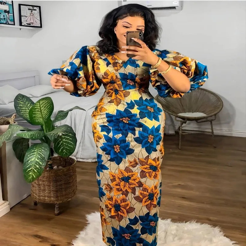 Women Dress Elegant Floral Maxy Printed Short Lantern Sleeve V Neck High Waist Slim African Female Celebrate Party Gowns