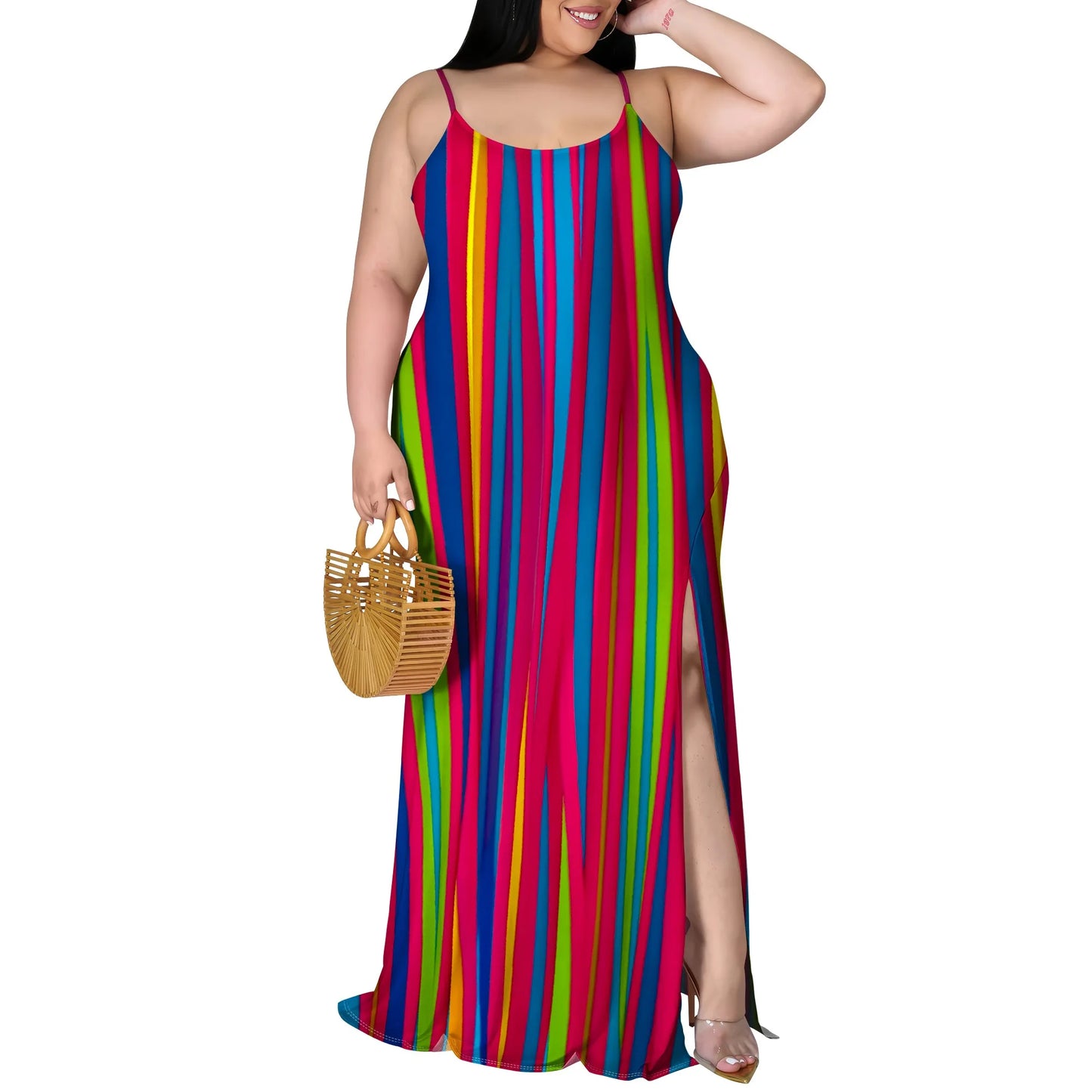 Maxy Plus Size Stripe Maxi Dress XL-6XL – Black & White Sleeveless Summer Look with Slit for Resort or Brunch 2025