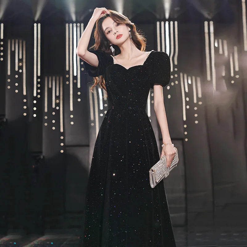 Maxy Fashion black evening dress 2024 new temperament annual meeting student art test dress elegant celebrity banquet