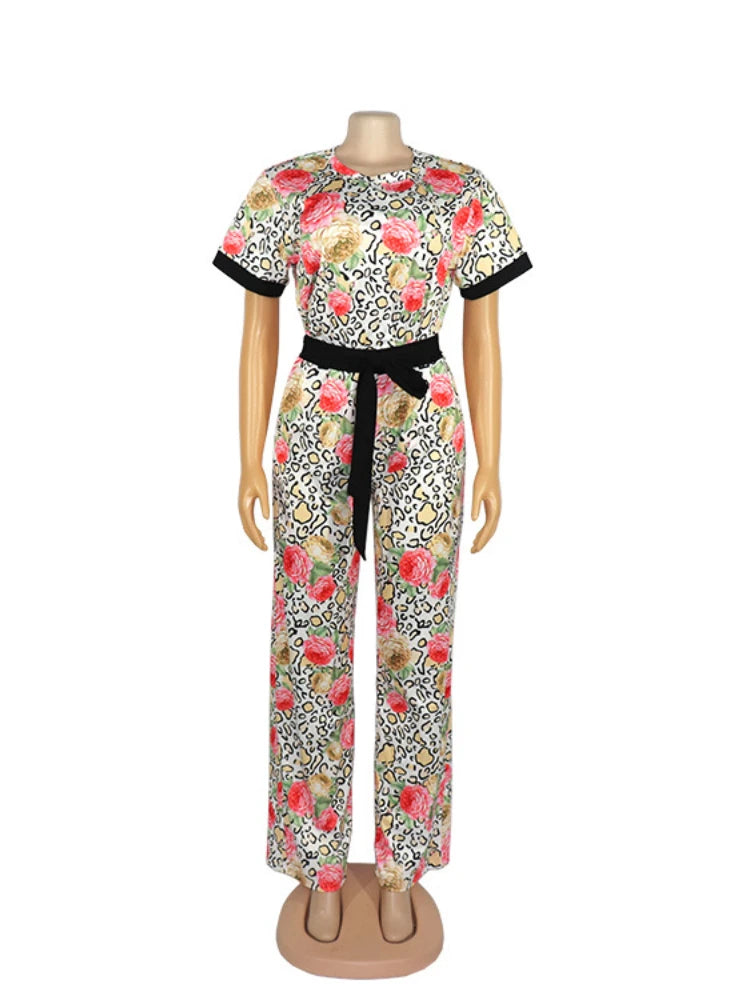 Women Printed Jumpsuit O Neck High Waist with Waist Belt Short Sleeve Elegant Retro African Female One Piece Rompers Vintage New