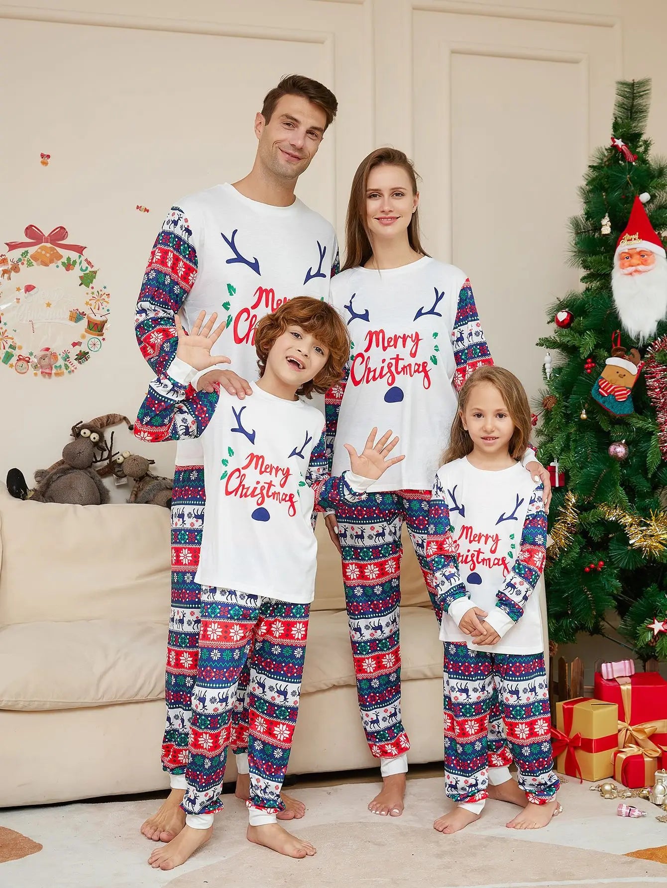 Maxy Warm Christmas Family Pajamas Xmas Old Man Moose Cartoon Letters Printed Family Matching Outfits Holiday Baby Clothes