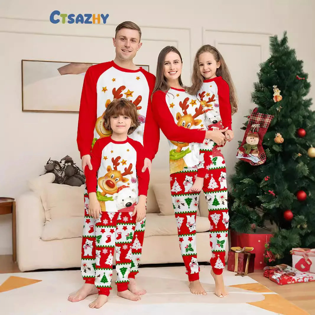 Maxy Christmas family set European style printed golden deer Polar bear family set Pajamas pajama pants 2 sets and baby jumpsuit