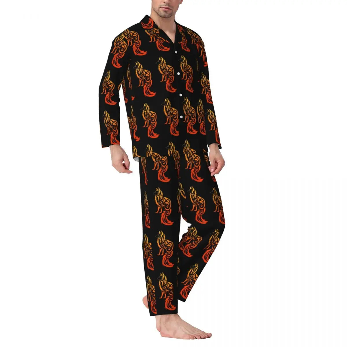 Maxy Cute Fox Print Pajama Sets Funny Christmas Kawaii Sleepwear Man Long Sleeve Loose Leisure 2 Pieces Nightwear Big Size XL 2XL