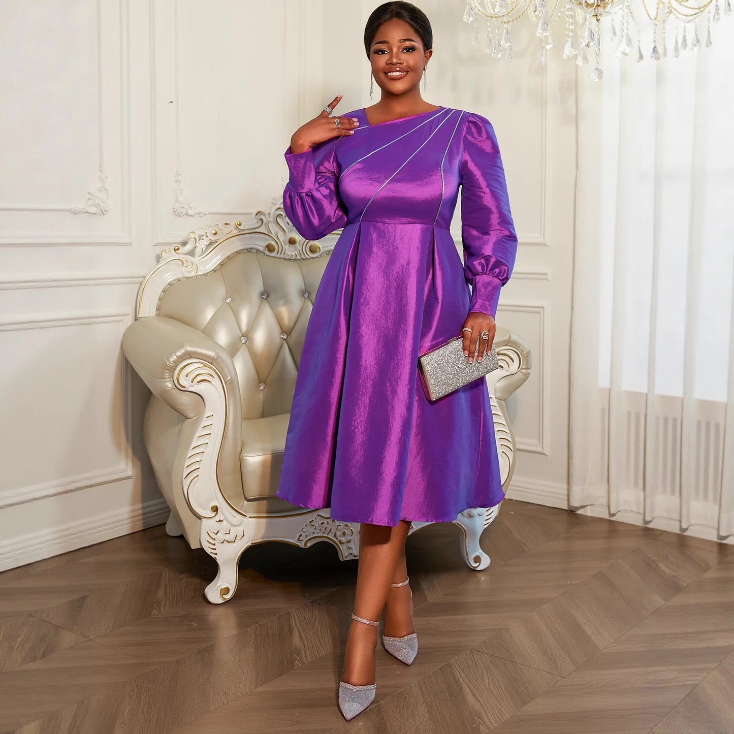 Maxy L-4XL Plus Size Dresses for Women Autumn Elegant Long Sleeve Purple Polyester Party Evening Midi Dress Ankara Dress