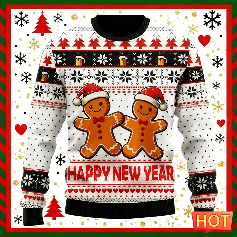 Maxy New Happy New Year Letters Sweatshirts Simple Fashion Holiday Wear 3D Printed Ugly Christmas Sweater Casual Oversized Tops