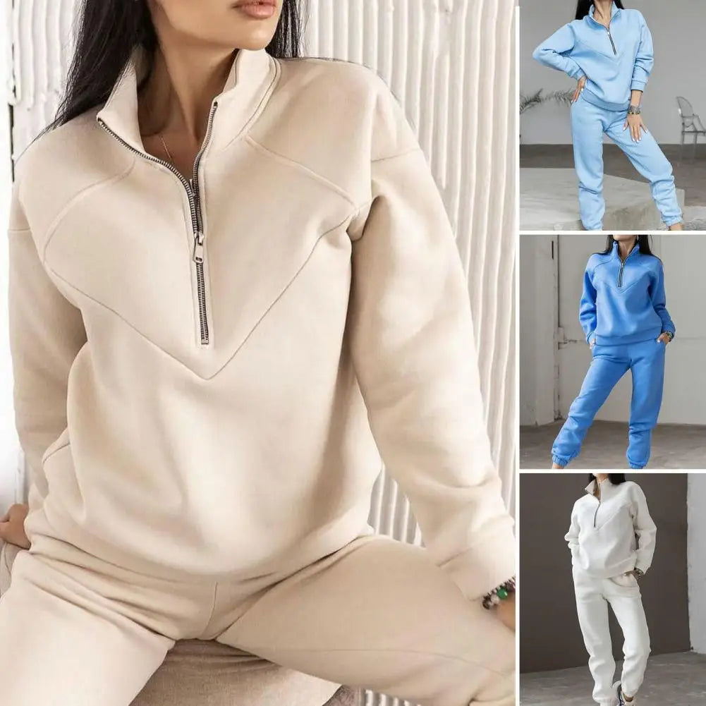 Maxy 2 Pcs/Set Fall Sweatshirt Pants Set Loose Warm Stand Collar Elastic Waist Lady Autumn Tracksuit for Daily Wear