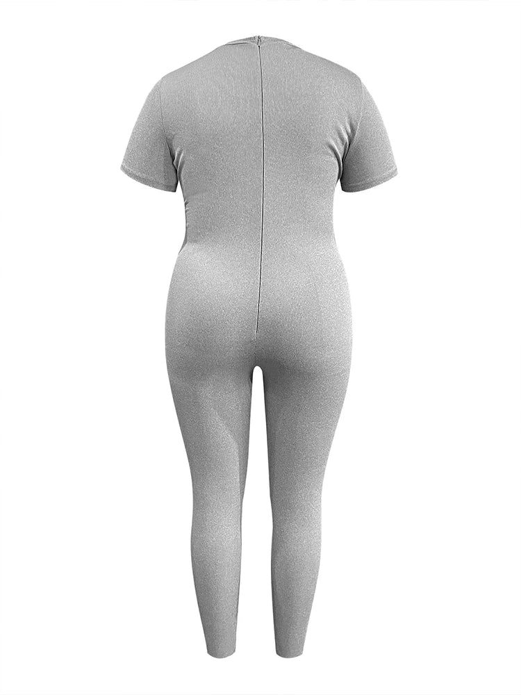 Maxy Autumn Large Size Full Jumpsuit Women Fashion Casual Short Sleeve Round Neck Solid Bodysuit Plus Size Womens Clothing