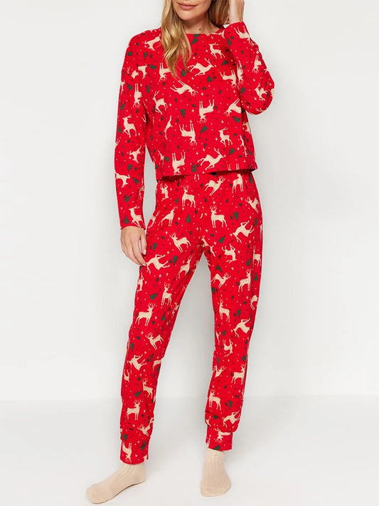 Maxy Christmas Pajamas Set Print Long Sleeves Shirt and Elastic Pants for Loungewear Soft Sleepwear