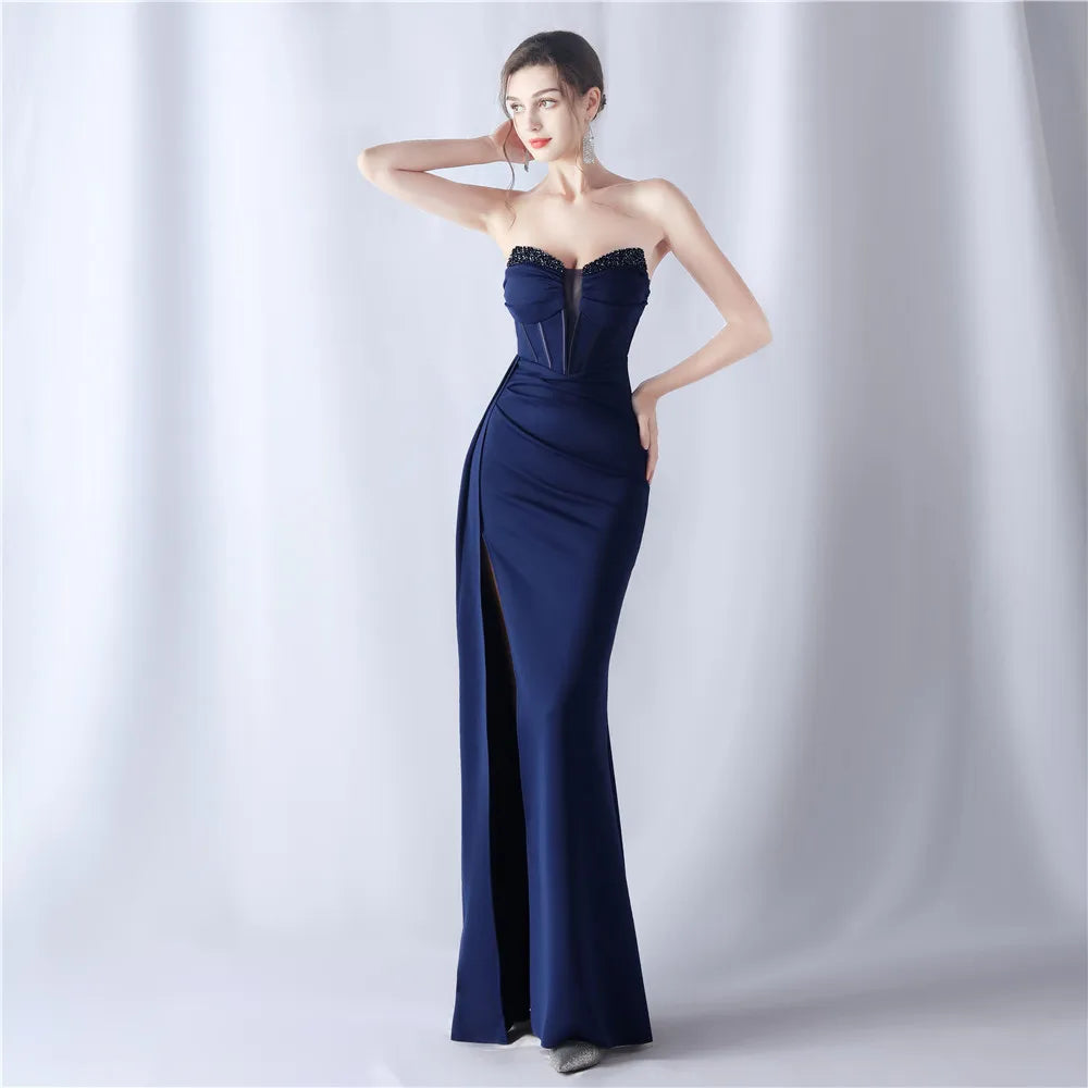 Maxy Stripless High Slit Backless Shaped Fishbone Waist Covering Heavy Industry Beaded High-End Long Prom Evening Dress