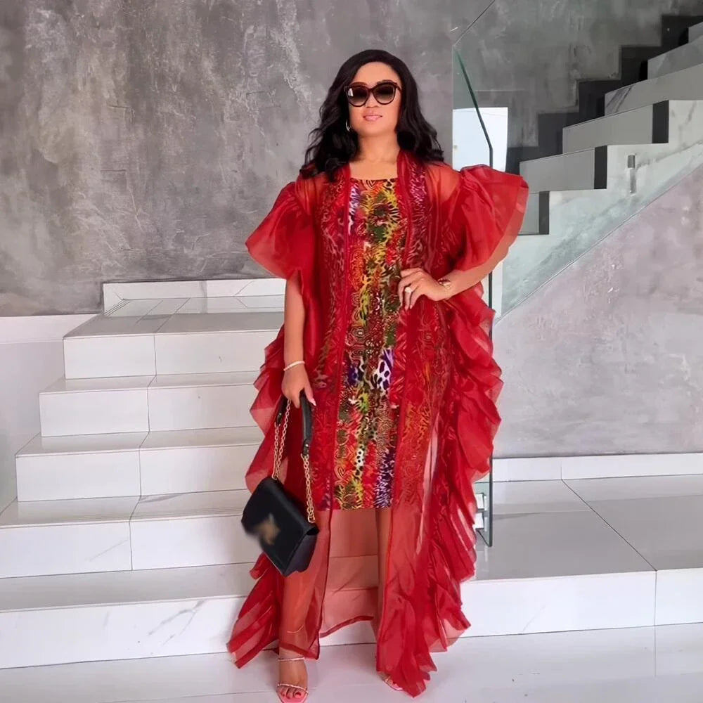 Maxy Dashiki African Evening Dresses for Fashion Women Mesh Ruffle Open Abaya Elastic Print Inner Dress Set Turkey Wedding Femme Gown