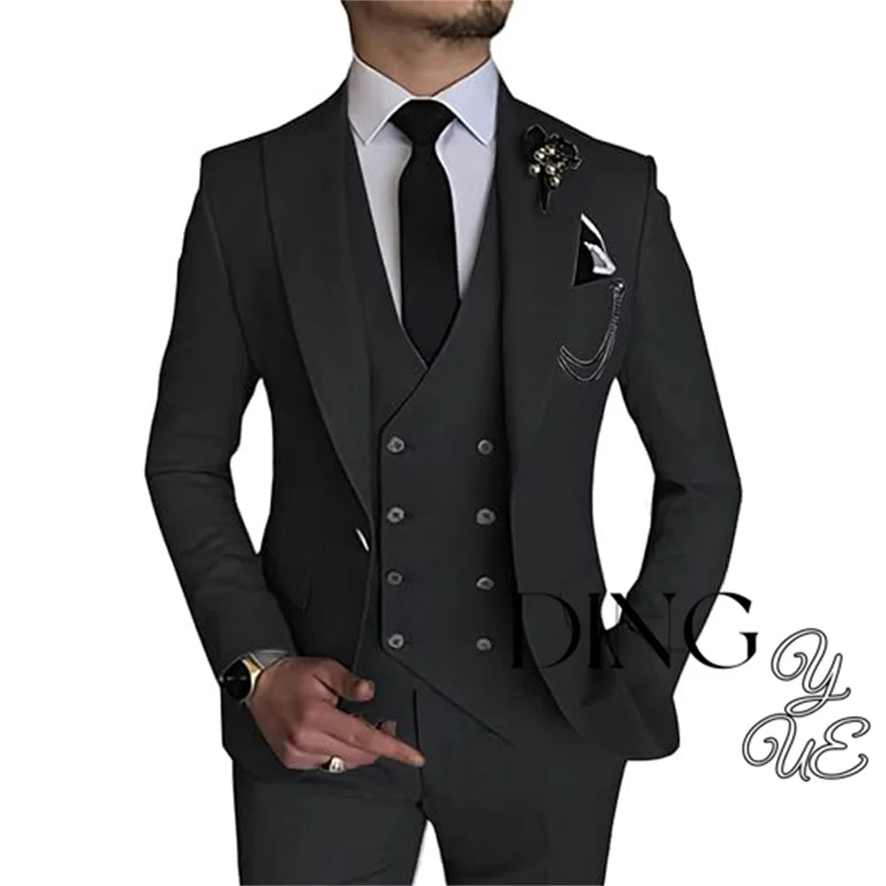 Visco Men Business Blazers Jacket Vest Trousers High End Wedding Party Groom Suit 3 Pieces Sets Coat Pants Big Size Dress