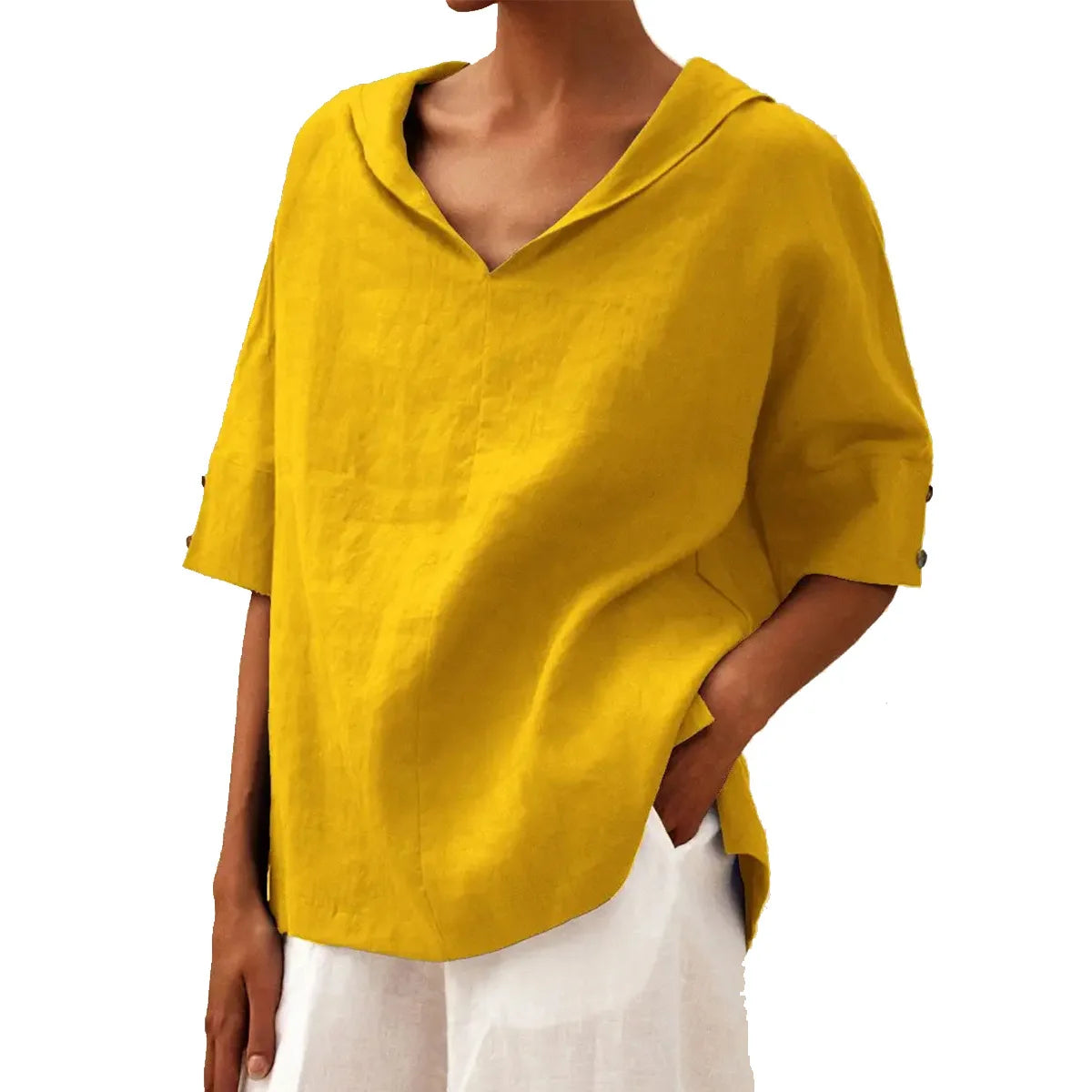 Maxy Women's Loose V-Neck Cotton Linen Shirt, Casual Elegant Summer Blouse Office Wear
