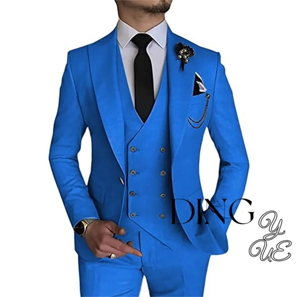 Visco Men Business Blazers Jacket Vest Trousers High End Wedding Party Groom Suit 3 Pieces Sets Coat Pants Big Size Dress