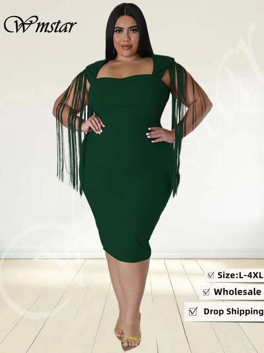 Wmstar Plus Size Party Dresses Women Off Shoulder Tassel Slip Hem Elegant Solid Maxi Dress 2023 Summer Wholesale Dropshipping