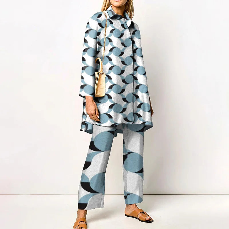 Maxy Autumn New Loose Vintage Printed Pant Sets Women Long Sleeve Shirts And Wide Legs Trousers Two Piece Set Fashion Streetwear