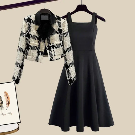 Maxy Fashionable Women's Set Spring and Autumn New Korean Edition High End Short Coat Age Reducing Dress Two Piece Set