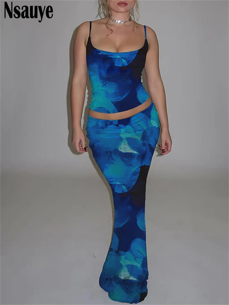 Maxy Women Party Sexy Skirt Dress New in Matching Two Piece Set Outfits 2025 Summer Tie-Dye Print Crop Top Long Club Skirt Set
