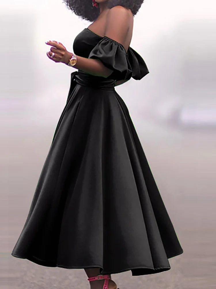 Amay Slim Fit Belt Elegant Lady Midi Dresses Summer Women Off Shoulder Solid Party Dress Slash Neck Short Sleeve Patchwork Club Dress