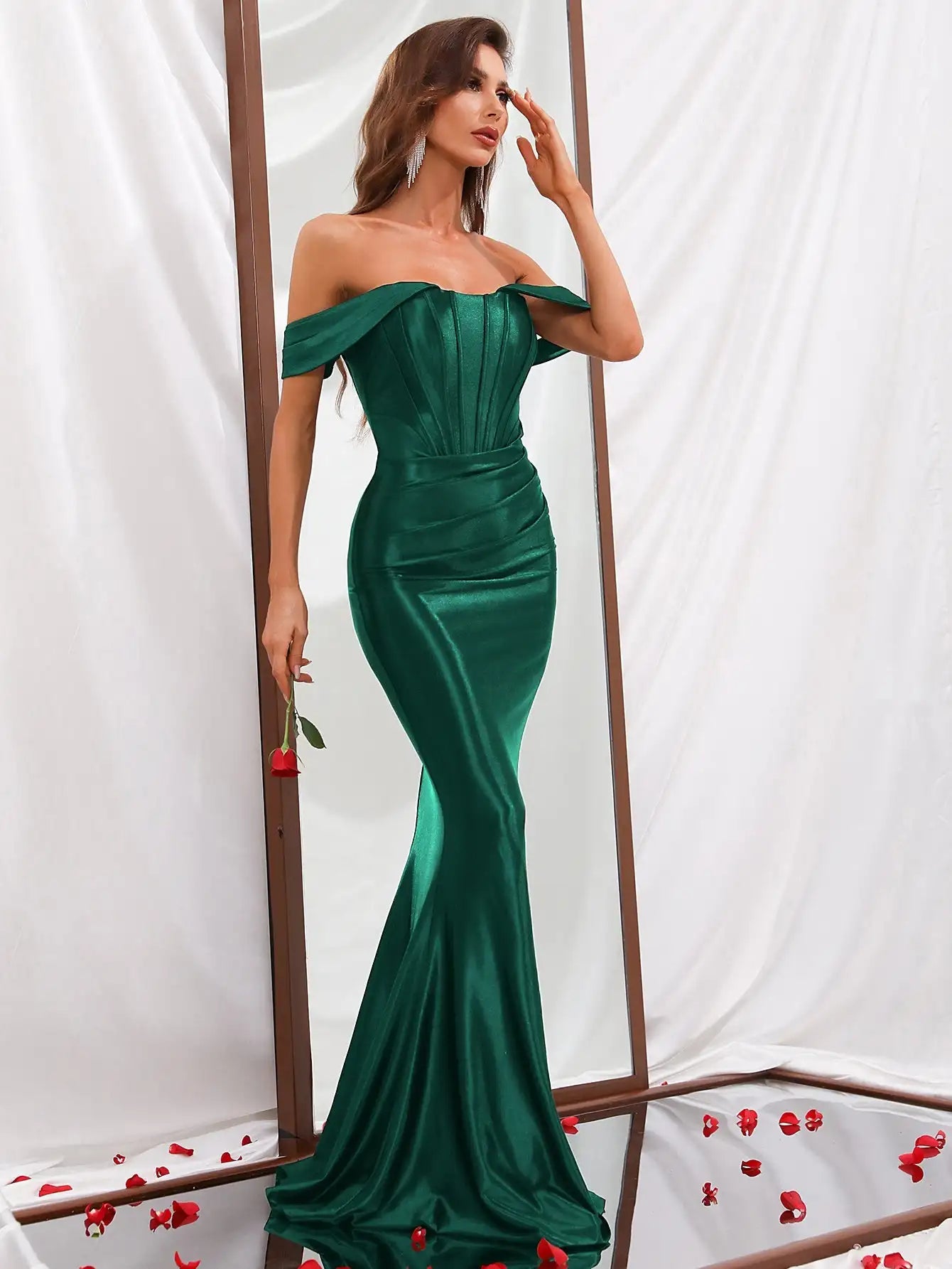 Amay Elegant Pleated Off Shoulder Satin Mermaid Party Dress & Evening Dress