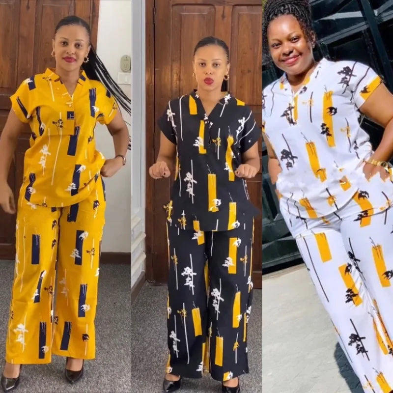 Maxy Pants Set Women Blouse Straight Trousers Two Piece Set Shirt Tracksuit Set Dashiki African Clothes Summer Top Matching Sets