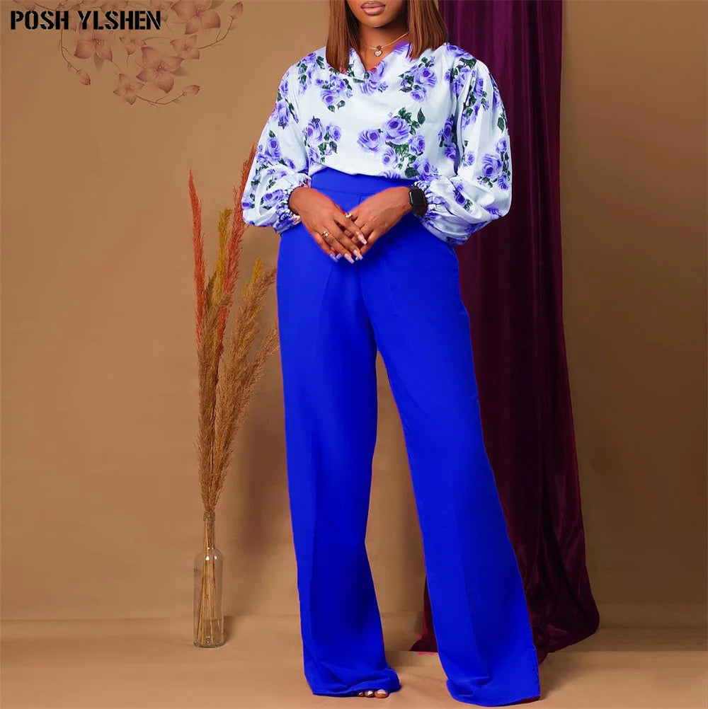 Maxy Two Piece Set Women Tracksuit Summer Fall Clothes African Dresses for Women Casual Party Print Tops Wide Leg Pants Suits Outfits