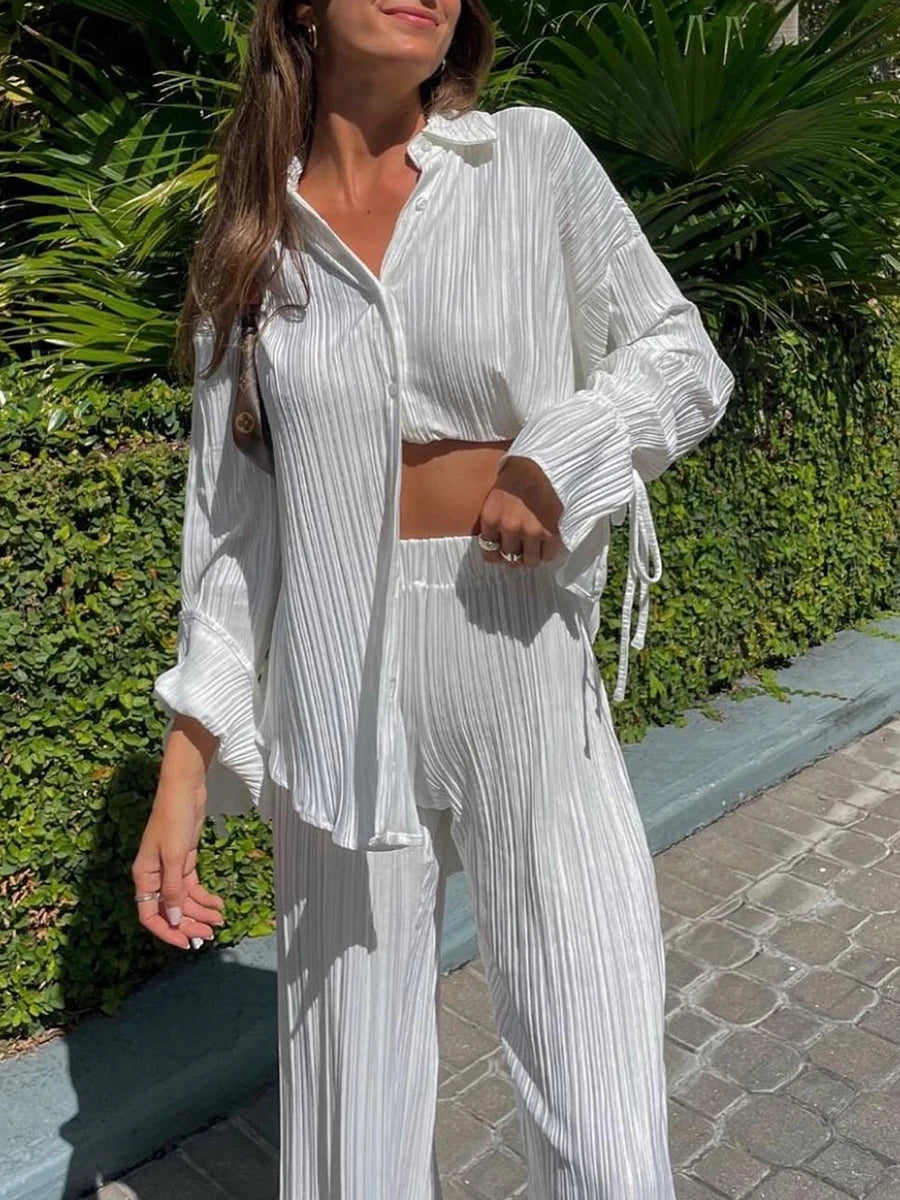 Maxy Women Pleated Pants Suits Set Casual Chic Solid Color Long Sleeve Oversized and Wide Leg Pants Trousers 2023 Elegant Tracksuit