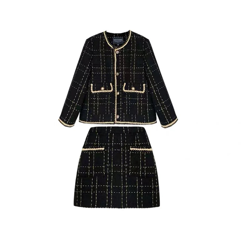 Amay Women Fried Street Tweed Suit New Spring Autumn Wool Jacket + Skirt Female Fashion Loose Tweed Skirts Two-Piece Set