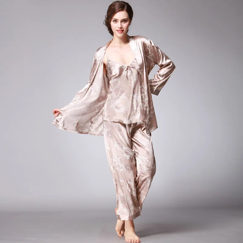 Amay Women's Silk Satin Pajamas Set 3 Pcs Floral Silky Pj Sets Sleepwear Cami Nightwear with Robe and Pant