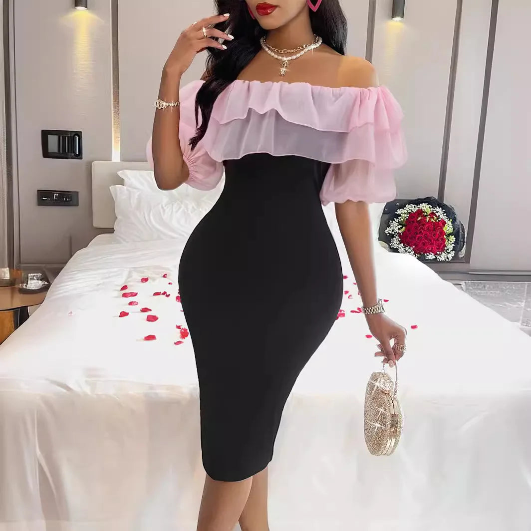 Maxy Dresses Summer Women's New One Shoulder Bubble Sleeve Wrapped Hip Dress Ladies Elegant Commute Party Banquet Slim Bodycon Dress