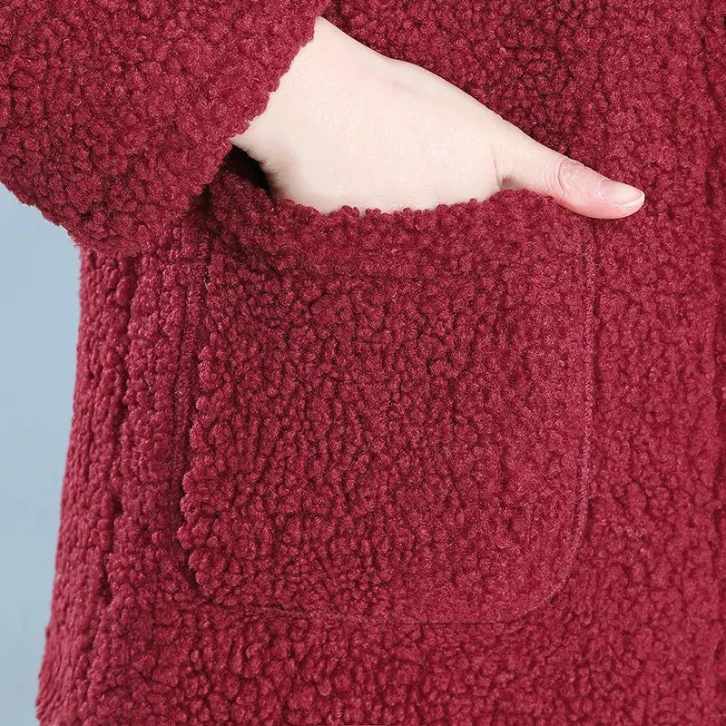 Maxy Mother Winter Warm Coat New Fashion Middle-Aged Women's Autumn Thick Velvet Jacket Thick Hooded Padded Jacket Female Button
