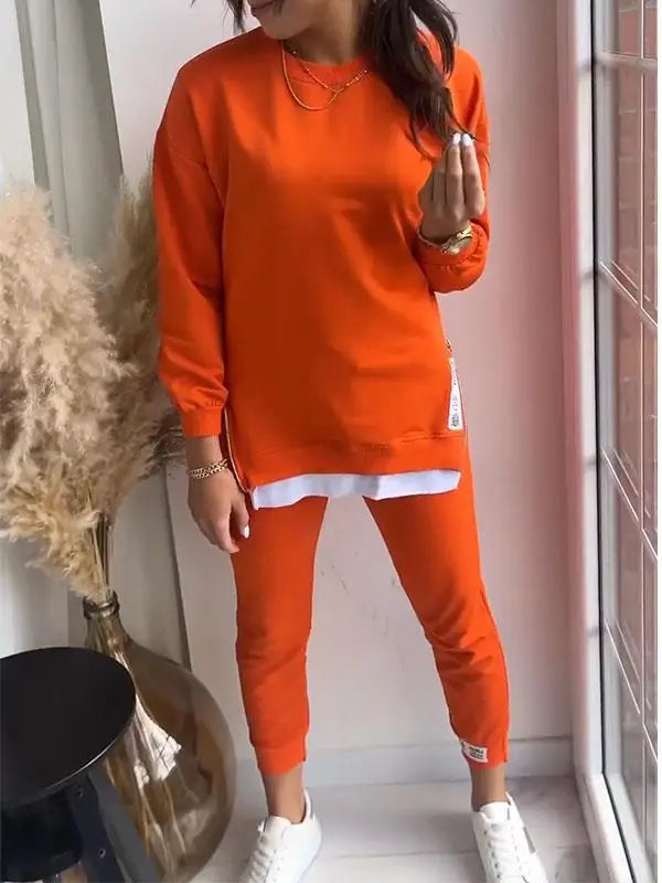 Maxy New Autumn Patchwork Loose TwoPiece Set Women's Fashion Long Sleeve Pullover Suit Casual Hoodie Sports Pencil Pants Outfits