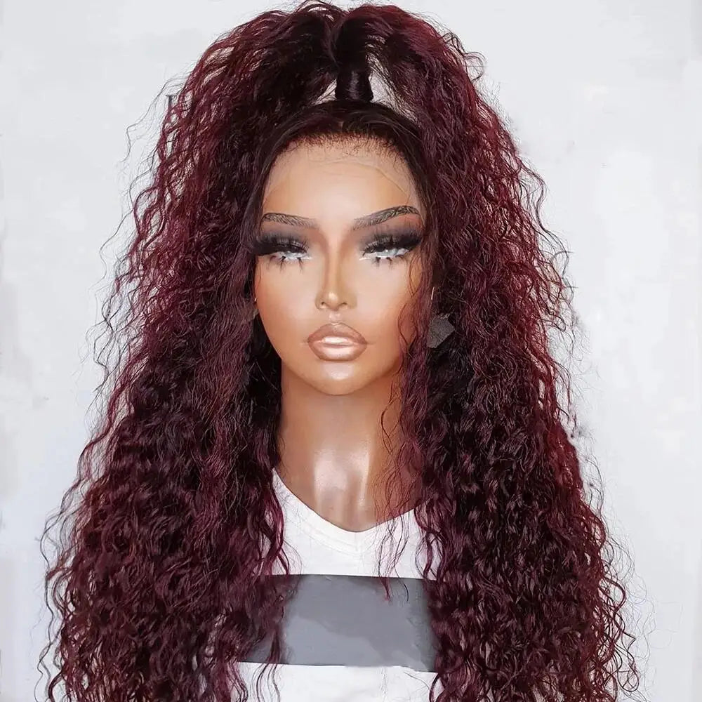 Maxy Long Soft Glueless Natural 99J Burgundy 26Inch Kinky Curly Pre plucked 180Density Lace Front Wig For Black Women Baby Hair Daily