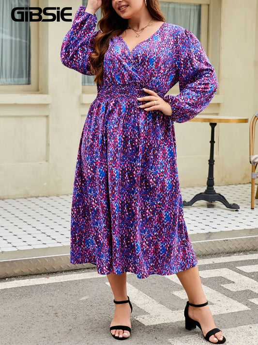 Maxy Plus Size Boho Causal Print Long Dress Wrap V Neck Full Lantern Sleeve Elegant High Waist A-Line Dresses for Women