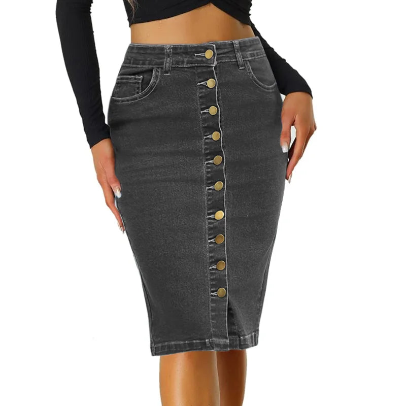 Maxy Benuynffy Streetwear Vintage Single Breasted Denim Skirt Women's Spring Summer High Waist Matching Slim Bodycon Midi Skirts