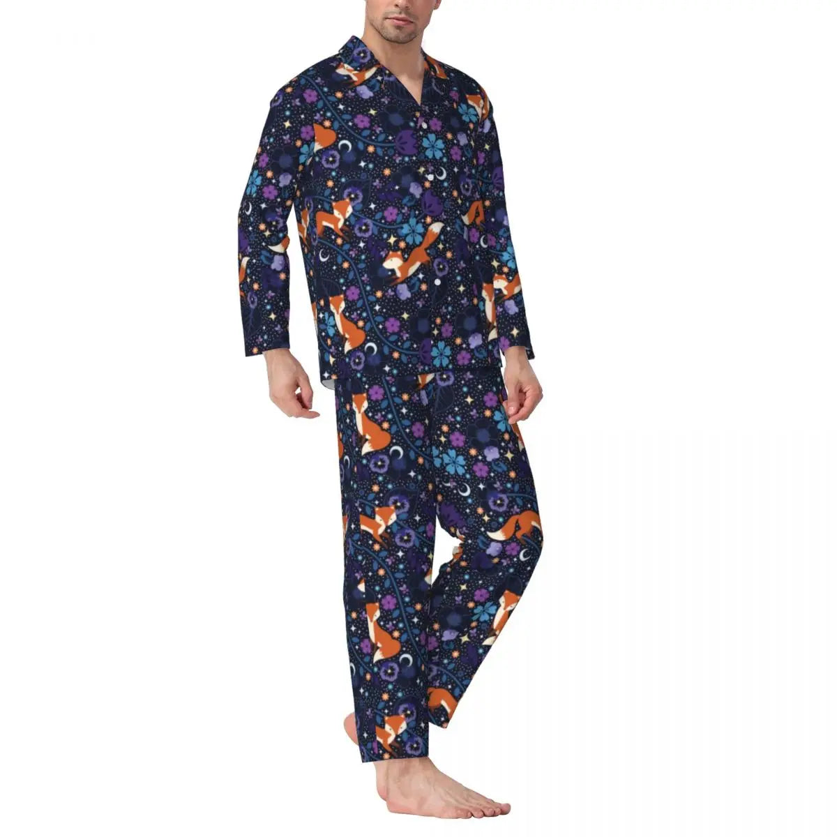 Maxy Cute Fox Print Pajama Sets Funny Christmas Kawaii Sleepwear Man Long Sleeve Loose Leisure 2 Pieces Nightwear Big Size XL 2XL