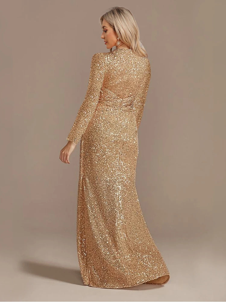Maxy Luxury Long Sleeve V-Neck Evening Dress Wedding Party Sequins For Women Female Guests Red Prom Cocktail Dresses