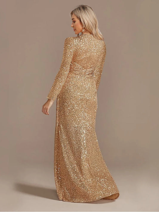 Maxy Luxury Long Sleeve V-Neck Evening Dress Wedding Party Sequins For Women Female Guests Red Prom Cocktail Dresses