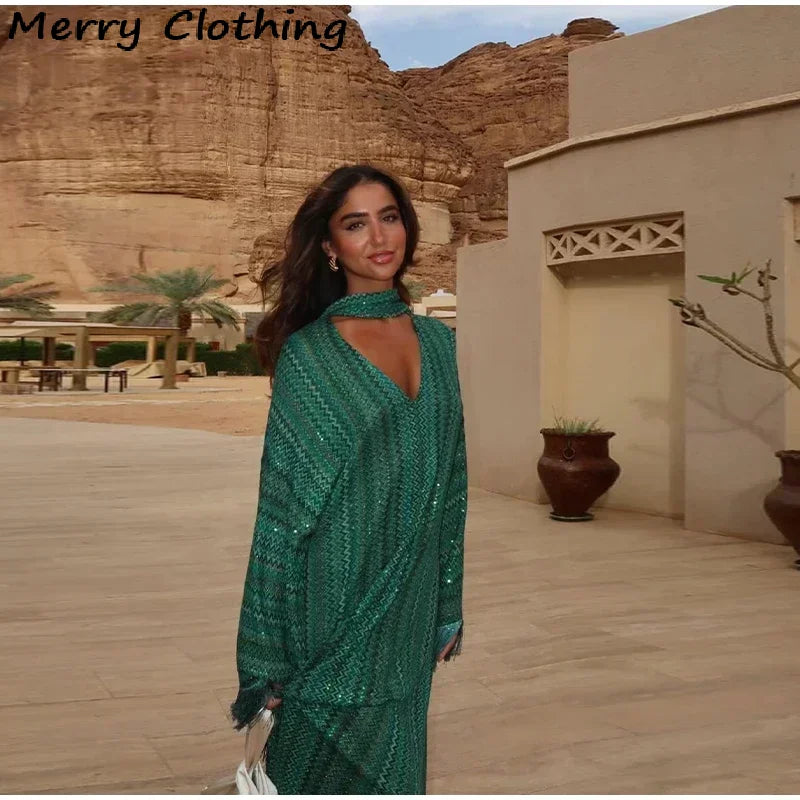Maxy Elegant Tassel Hem Dress Women V-neck Long Sleeve with Scarf Loose Dresses 2026 NEW Spring Luxury Lady Party Evening Gowns