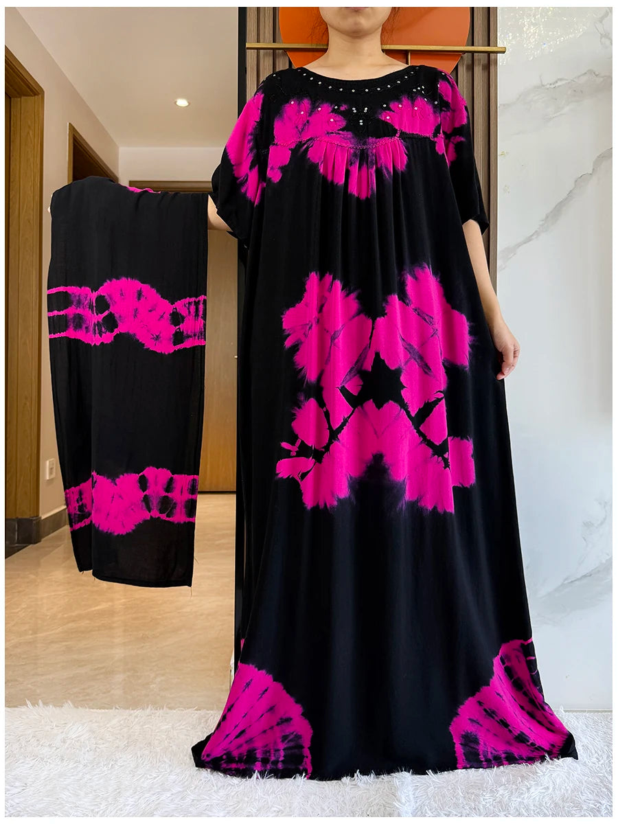 Maxy 2 Pieces Africa Dashiki Floral Printing Loose Cotton Caftan Lady Summer Maxy Casual Dresses With Big Scarf Short Sleeve