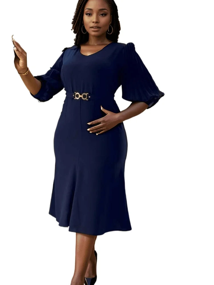 Women's Office Retro Dress Elegant 2025 New O-neck Bubble Sleeves Mid Waist Professional Fashionable Workwear AOMEI Midi Hot