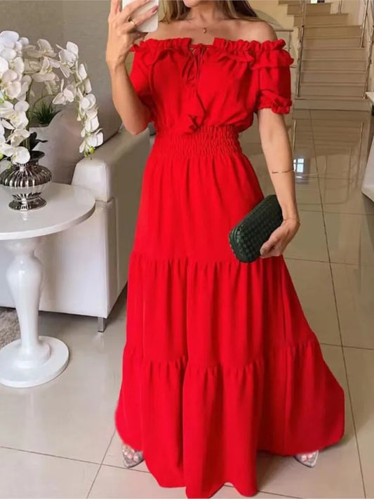 Maxy Summer Women Green Dress Fashion Elegant Short Sleeve Ruffles Maxy Casual Dresses Female Office Loose Dress