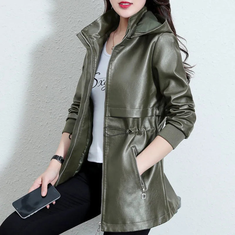 Maxy Women Large Size PU Leather Jacket Autumn Winter Hooded Faux leather Coat Female Winter Add Velvet Warm Coats 4XLC1609