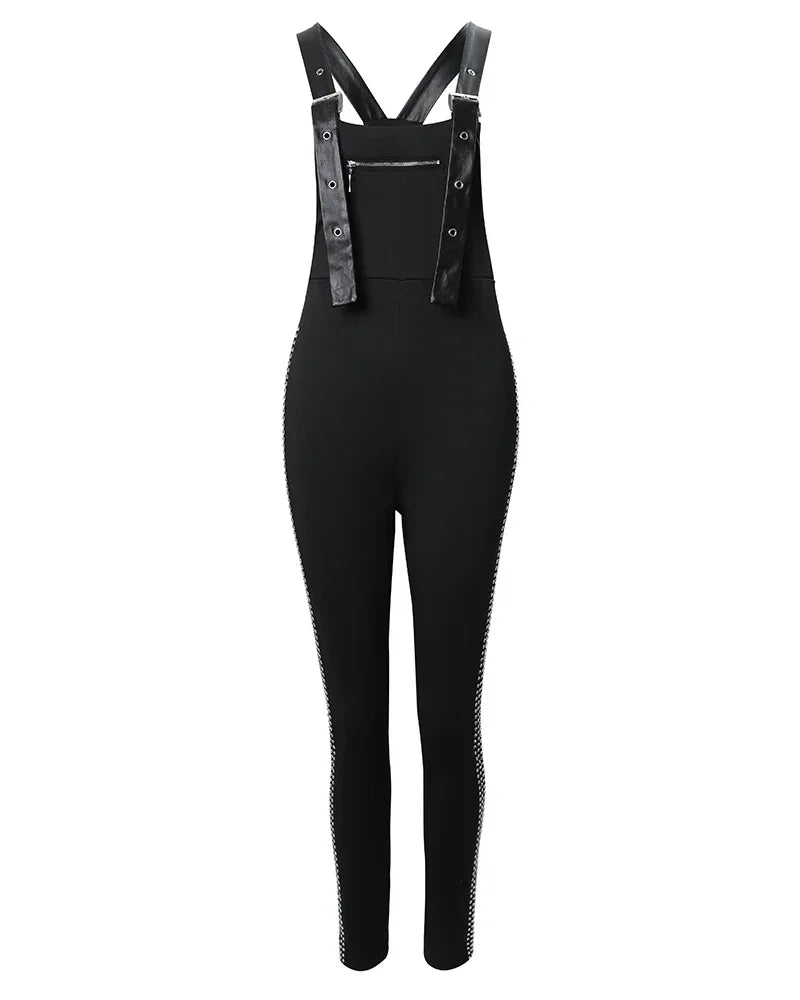 Summer Rhinestone Decor Buckled Suspender Jumpsuit 2025 Women Long Jumpsuits Elegant New Fashion Woman Casual Daily Clothing