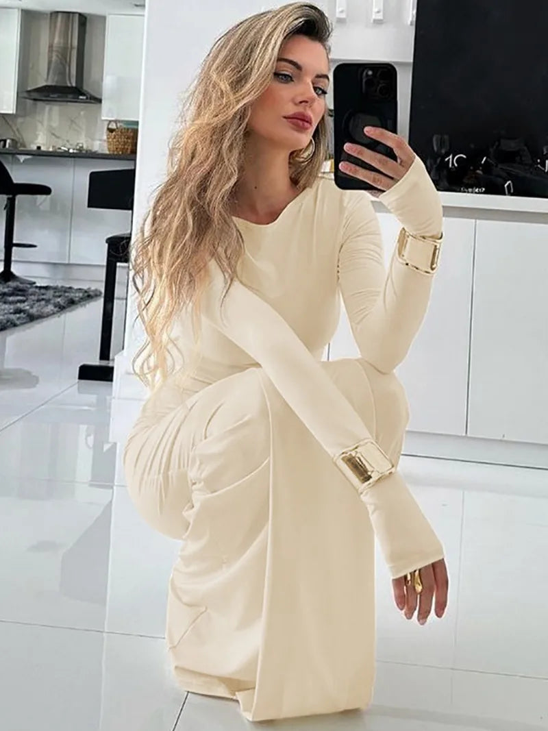 Maxy Fashion Woman Full Sleeve Bodycon Folds Long Maxy Dress Evening Party Outfit Office Lady Elegant Bandage Formal Occasion Dresses