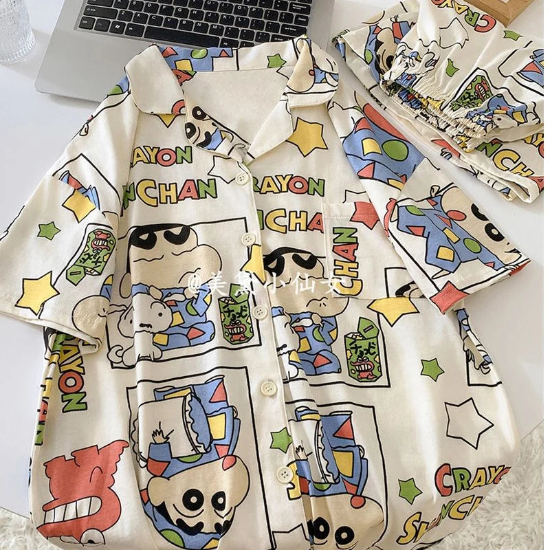 Maxy Cute Cartoon Crayon Shin Chan Pajama Kawaii Fashion Short Sleeved Casual Shorts Home Suit Set Christmas Present