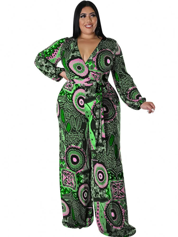 Maxy `1Plus Size Women Clothes Jumpsuit Spring Clothes Green Urban Leisure Bodysuit New Wide Leg