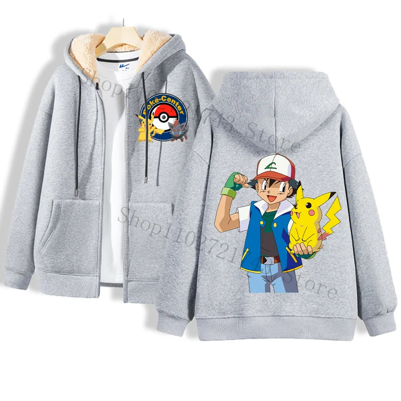 Maxy Pokémon Lamb Wool Coat for Men Women Pikachu Anime Cartoon Fashion Zipper Hooded Jacket Boys Girls Winter Warm Hip Hop Coats