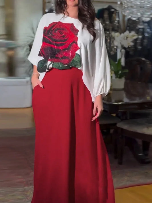 Maxy Casual Long Sleeve T-shirt Dress Set Office Lady Spring Summer Loose Print Tops Solid Skirt Two Piece Set Women Outfit